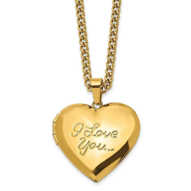 Classic Gold Choker Necklaces-Stainless Steel Polished Yellow IP I LOVE YOU Heart Locket 24in Necklace