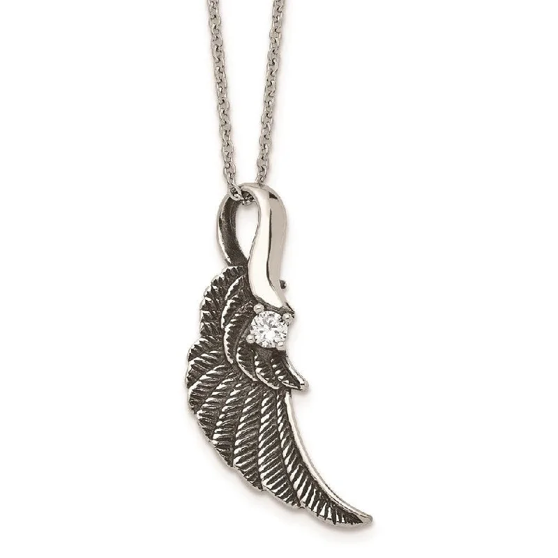 Delicate Silver Necklaces-Stainless Steel Antiqued and Polished with Crystal Wing Necklace