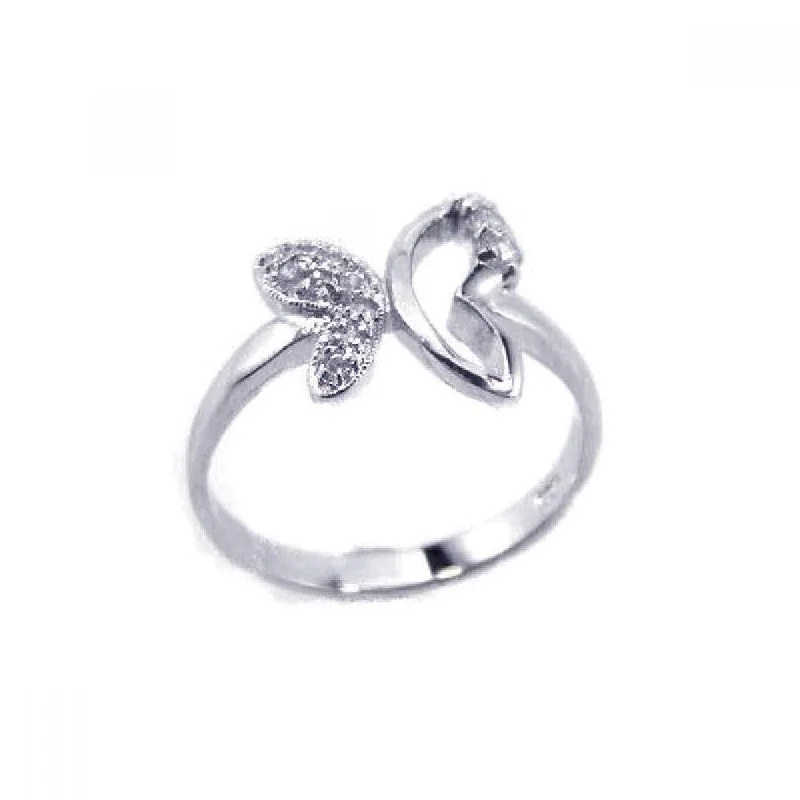 Luxury Gold Wedding Rings-Silver 925 Rhodium Plated Clear CZ Butterfly Ring - BGR00115