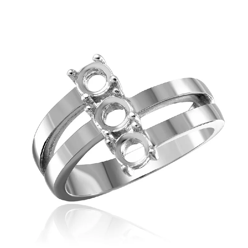 Handcrafted Diamond Rings-Silver 925 Rhodium Plated Open Shank 3 Stone Mounting Ring - BGR00475