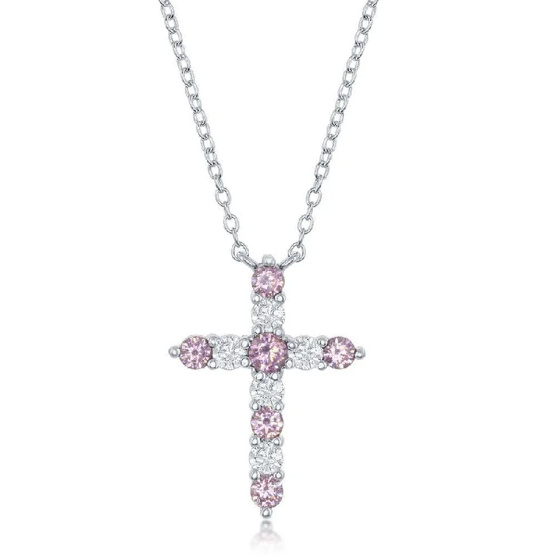 Round Gemstone Necklaces-Sterling Silver Pink CZ October Birthstone Cross Necklace