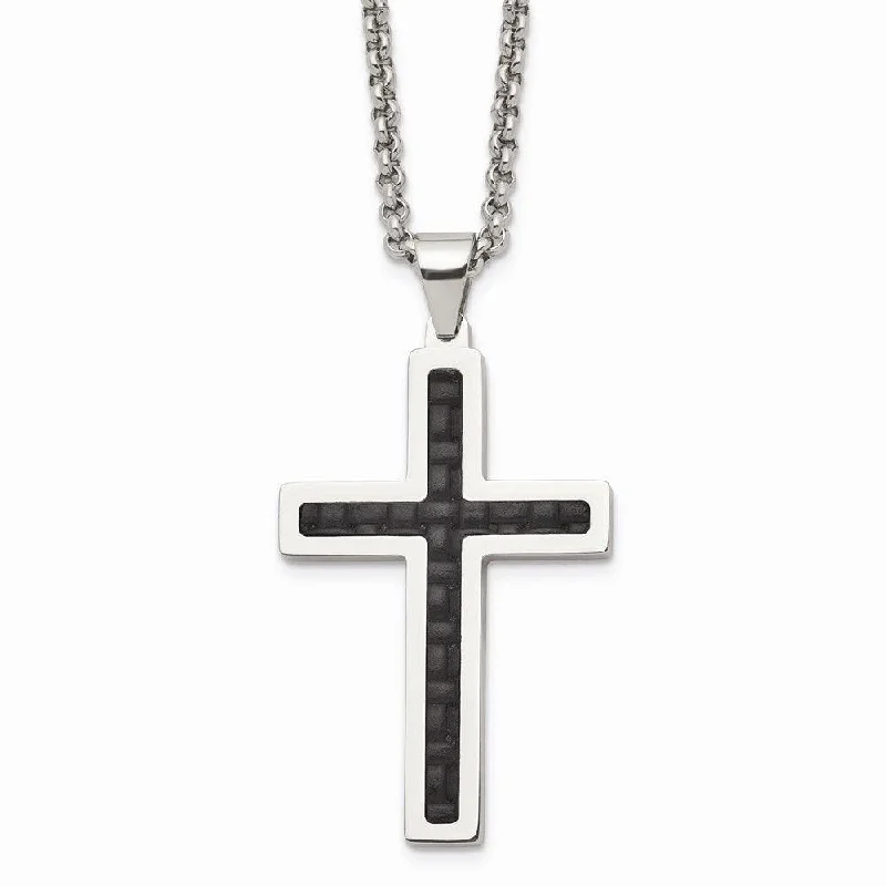 Custom Choker Necklaces-Stainless Steel Polished Black Genuine Leather Inlay Cross Necklace