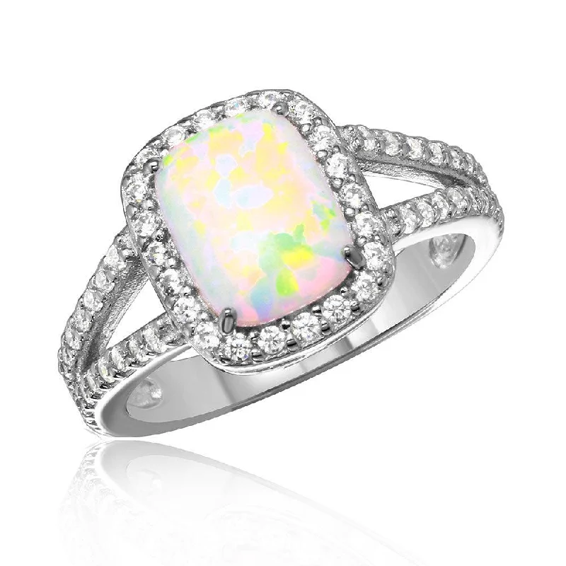 Vintage Diamond Rings-Silver 925 Rhodium Plated Halo Ring with Synthetic Baguette Opal and CZ - BGR01041