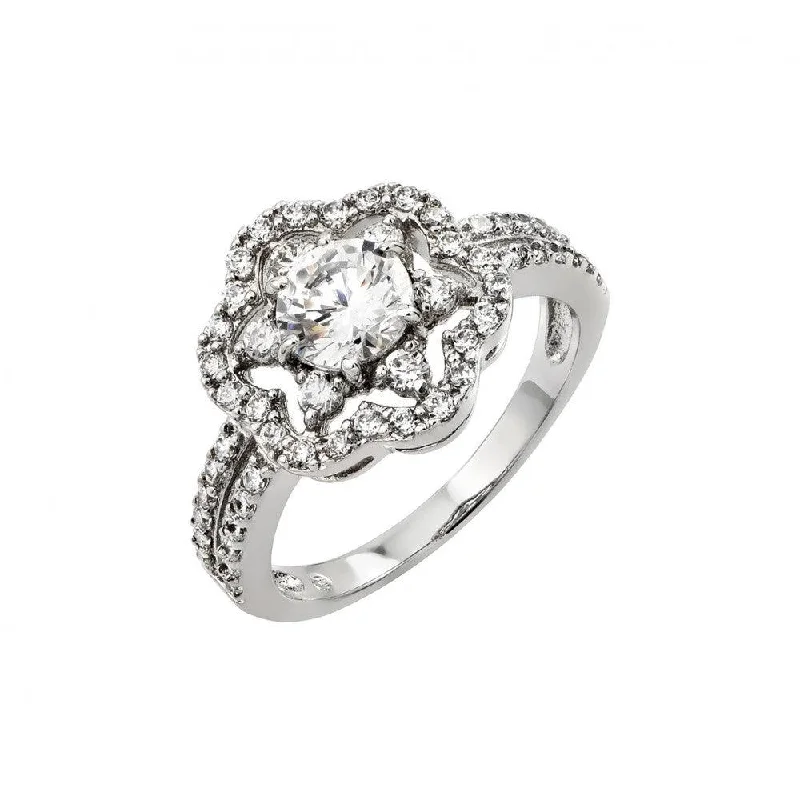 Classic Diamond Rings-Silver 925 Rhodium Plated Clear Inlay CZ Flower Ring - BGR00791