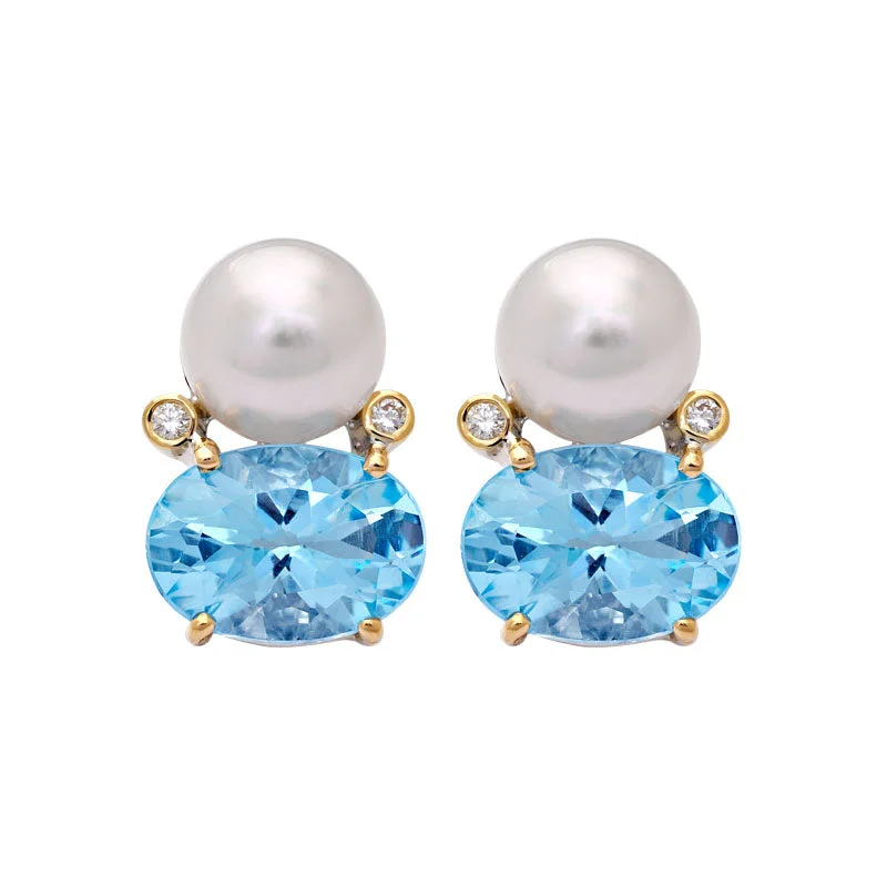 Trendy Ear Cuffs-Earrings- Blue Topaz, South Sea Pearl and Diamond