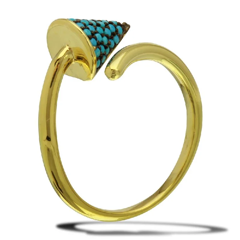 Bridal Engagement Rings-Gold Plated 925 Sterling Silver Open End Cone Ring with Turquoise Beads - BGR01114