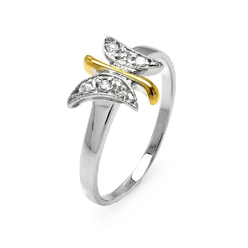 Classic Wedding Ring Sets-Silver 925 Rhodium and Gold Plated 2 Toned Clear Pave Set CZ Butterfly Ring - BGR00505