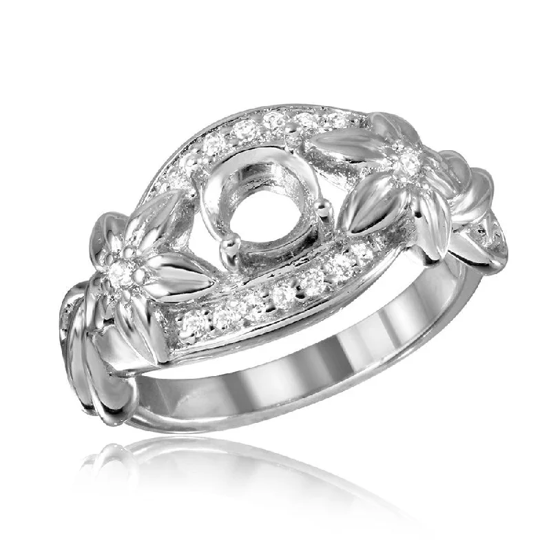 Silver Engagement Rings-Silver 925 Rhodium Plated Flower Shank Single Stone Mounting Ring - BGR00815