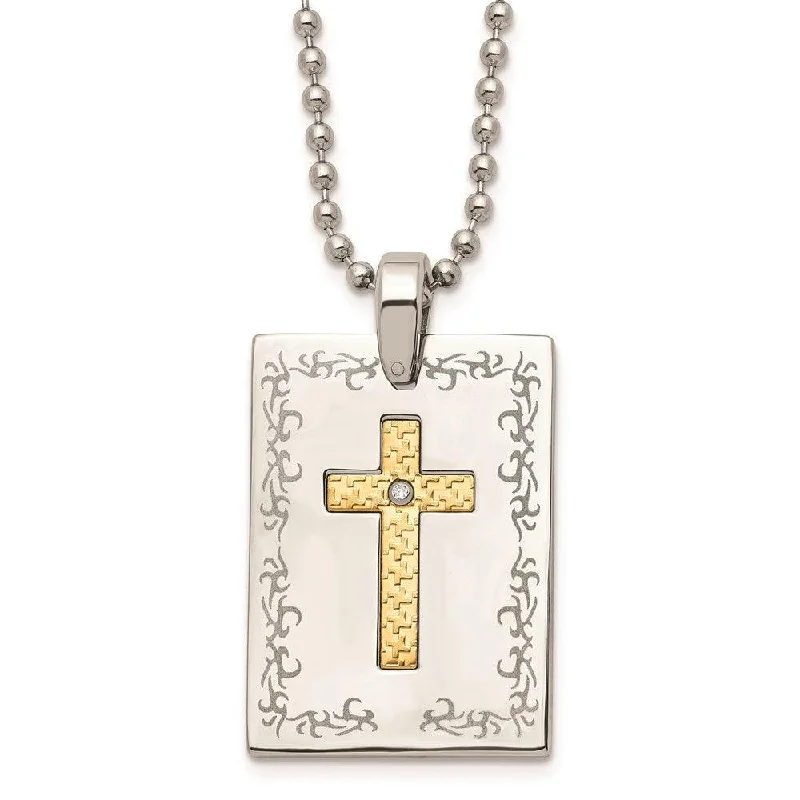 Romantic Crystal Necklaces-Stainless Steel w/18k Polished Laser Etched Square Cross Diamond Necklace