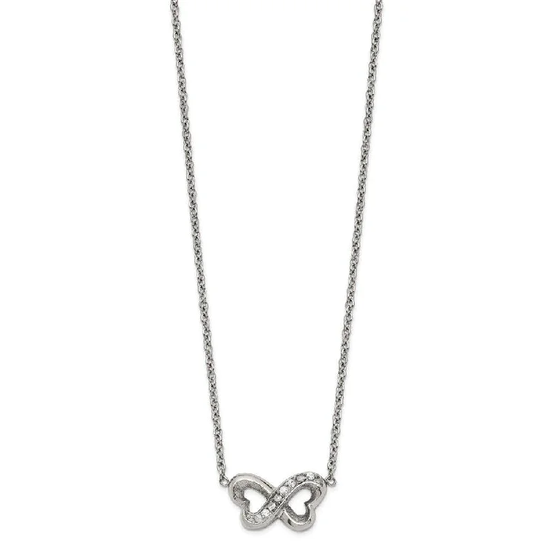 Modern Pendant Necklaces-Stainless Steel Polished CZ Interlocking Hearts with 2in. Ext. Necklace