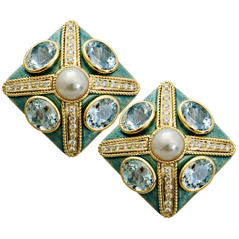 Fashionable Silver Earrings-Earrings-Aquamarine, Pearl and Diamond (Enamel)