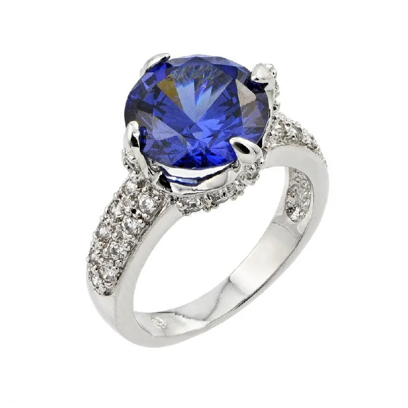 Silver Engagement Rings-Silver 925 Rhodium Plated Round Blue Center and Clear Micro Pave Set CZ Bridal Ring - BGR00779