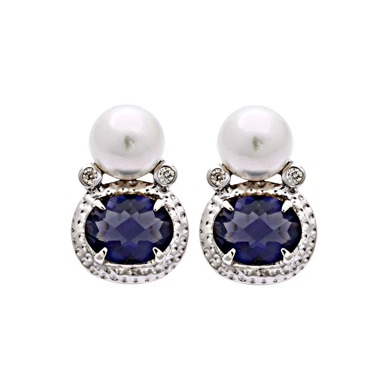 Lightweight Earrings for Women-Earrings-Iolite, South Sea Pearl and Diamond