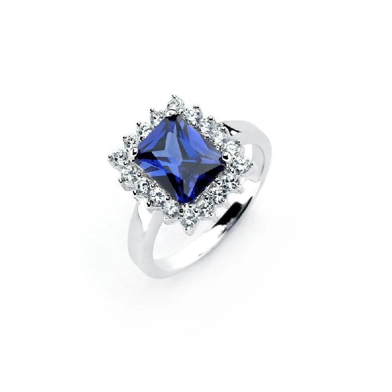 Elegant Wedding Ring Sets-Silver 925 Rhodium Plated Rectangular Blue Center and Clear Cluster CZ Ring - BGR00745