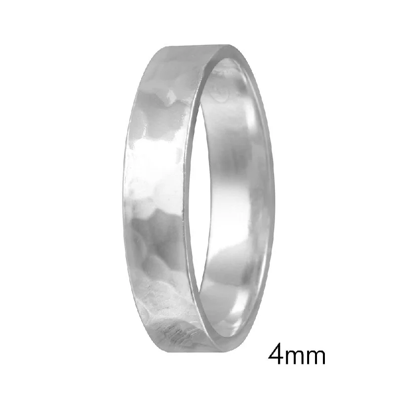 Unique Wedding Rings-High Polished 925 Sterling SilverHand Hammered Wedding Band Flat Ring - RING03-4MM