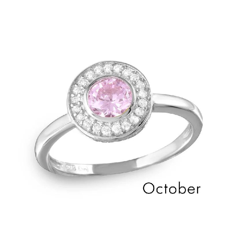 High-Quality Silver Rings-October Sterling Silver 925 Rhodium Plated CZ Center Birthstone Halo Ring - BGR01082OCT