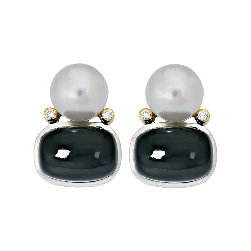 Silver Diamond Earrings-Earrings- Black Onyx, South Sea Pearl and Diamond