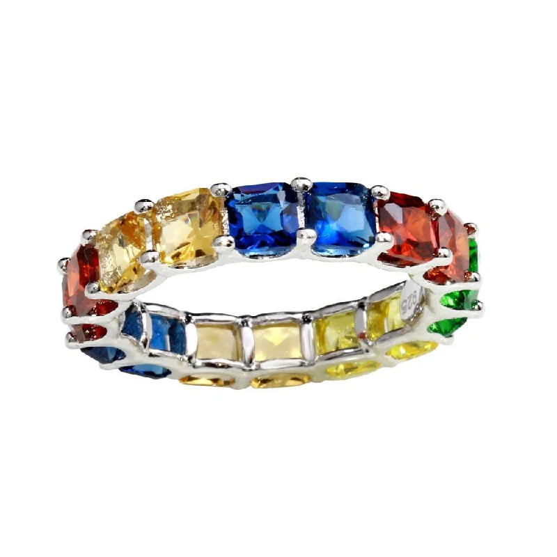 Modern Gemstone Rings-Rhodium Plated 925 Sterling Silver Multi-Colored Square CZ Stone Ring - GMR00270RBC