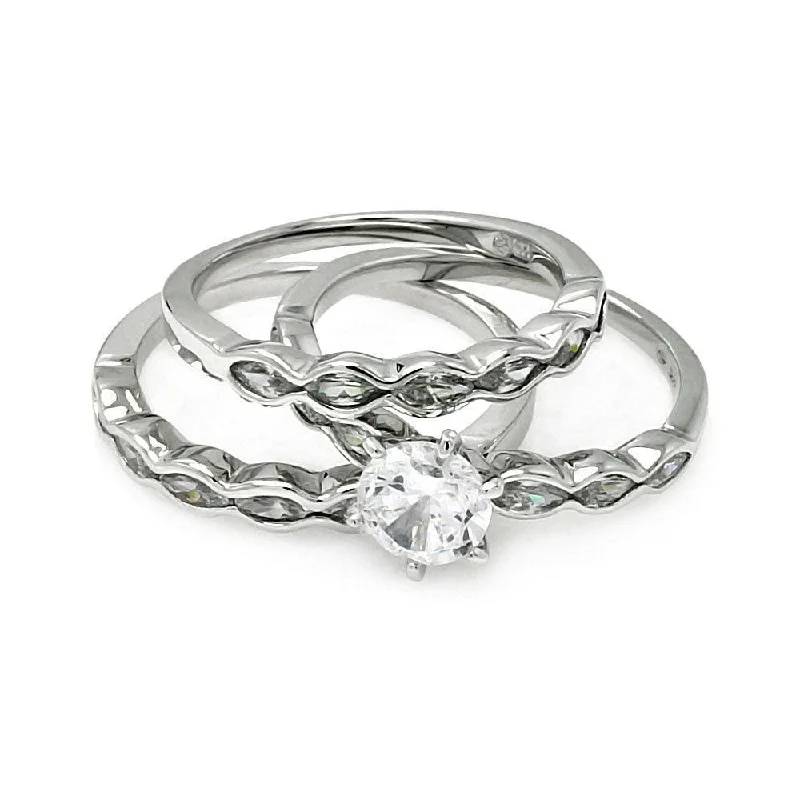 Designer Wedding Ring Sets-Silver 925 Rhodium Plated Clear Round Center CZ Bridal Ring Set - BGR00507