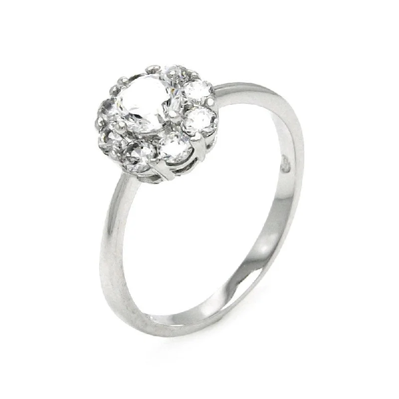 Birthstone Rings for Women-Silver 925 Rhodium Plated Clear Cluster CZ Flower Bridal Ring - BGR00444