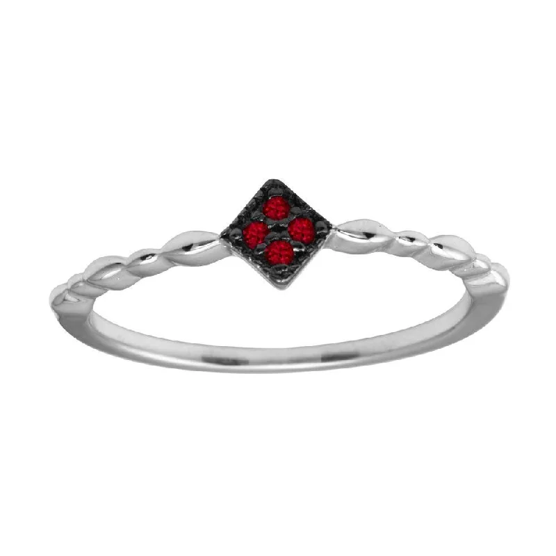 Modern Engagement Rings-Rhodium Plated 925 Sterling Silver Diamond Shape 4 Red CZ Ring - BGR01226RED