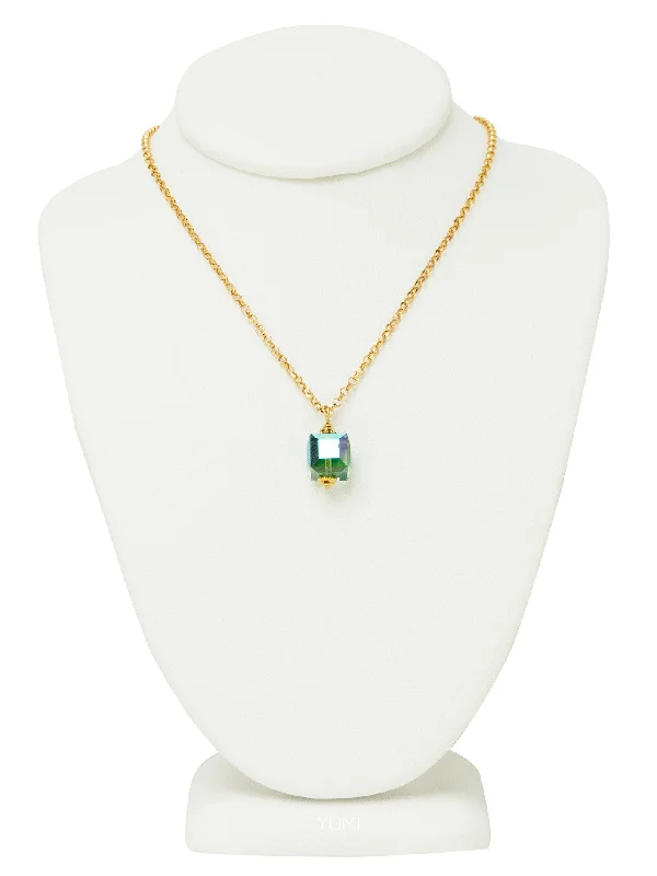 Fashionable Layered Necklaces-Fern Green Crystal Cube Necklace