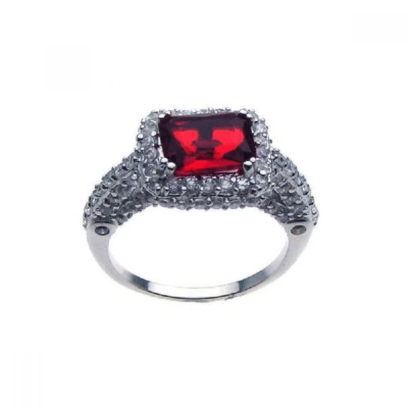 Vintage Diamond Rings-Silver 925 Rhodium Plated Red Center Pave Set Clear CZ Ring - STR00475