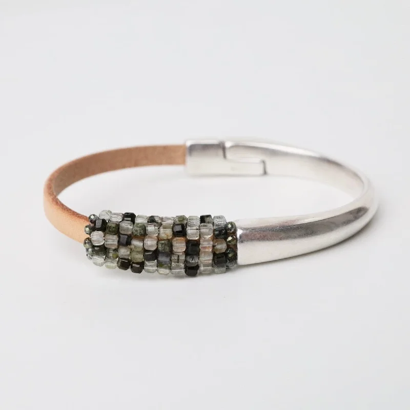 Sparkling Wedding Bracelets-Green Amethyst Leather & Half Silver Cuff Bracelet