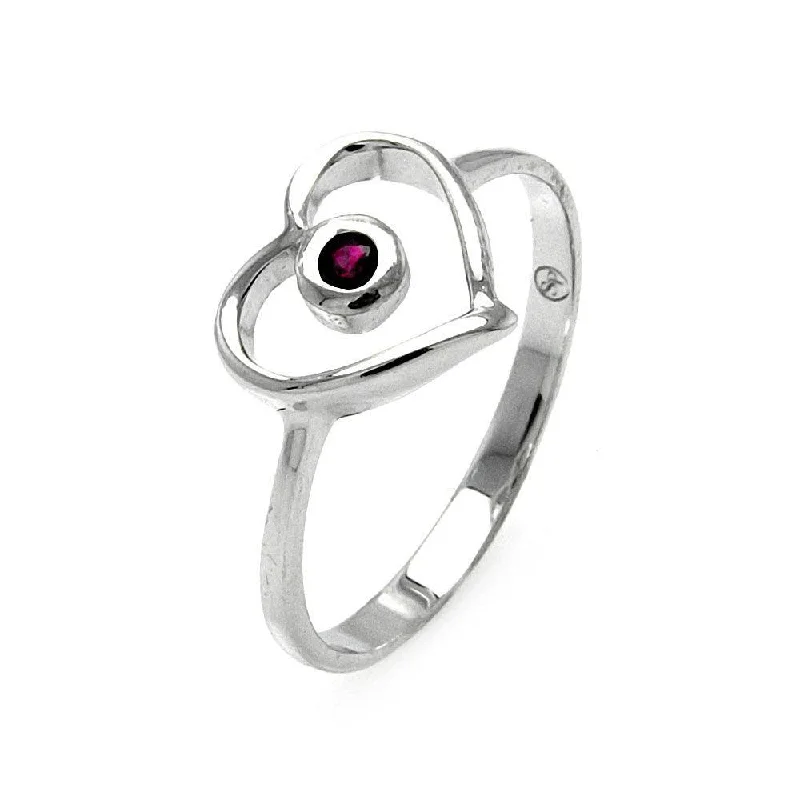 Silver and Gold Rings-Silver 925 Rhodium Plated Small Red CZ Open Heart Ring - STR00900