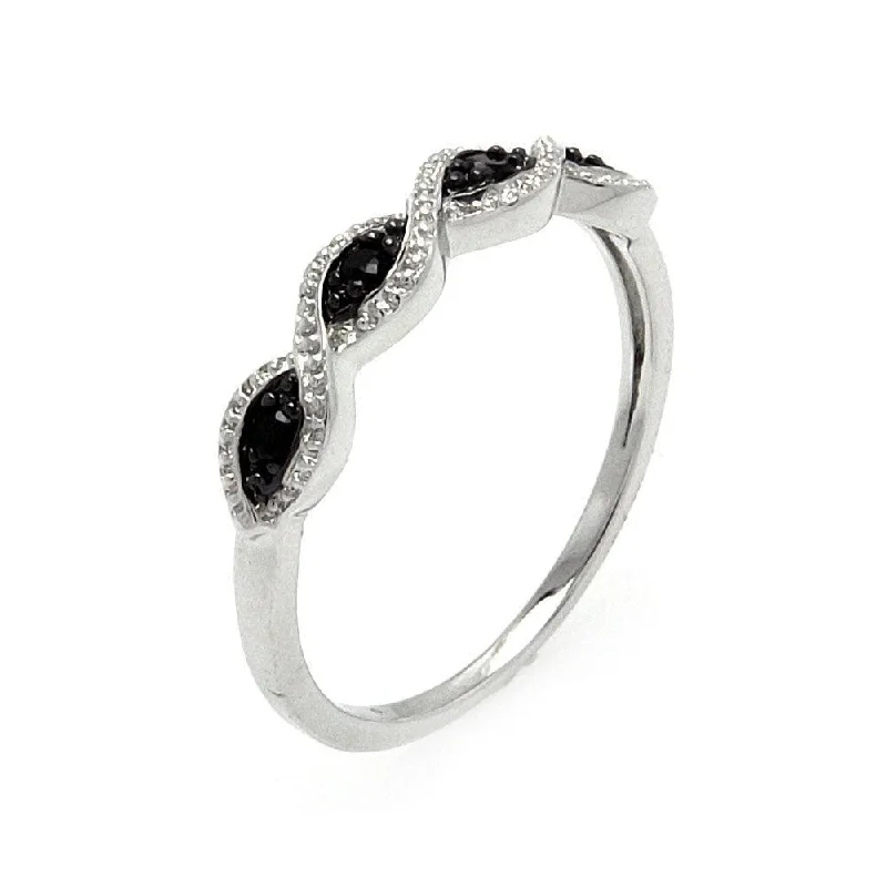 Simple Diamond Wedding Bands-Silver 925 Rhodium and Black Rhodium Plated Clear and Black CZ Ring - BGR00540