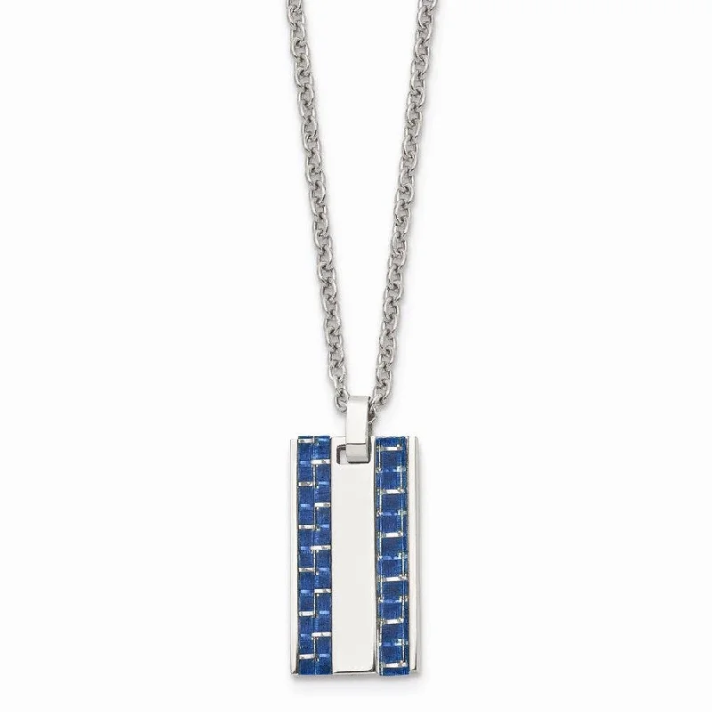 Trendy Heart Necklaces-Stainless Steel Polished w/ Blue Carbon Fiber Inlay Small Dogtag Necklace