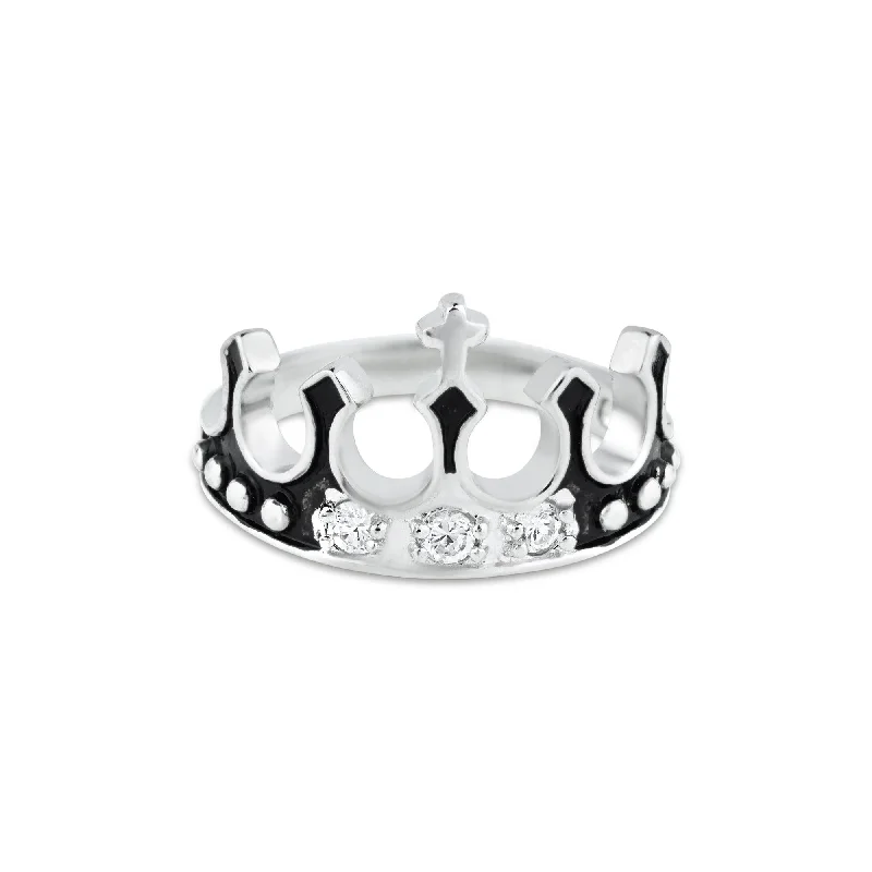 Solitaire Diamond Rings-Silver 925 Rhodium Plated Black Enamel CZ Crown Ring - BGR00036