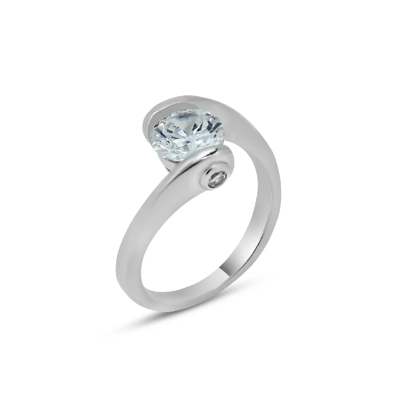 Diamond Engagement Rings-Silver 925 Rhodium Plated Clear Round Center CZ Overlap Twist Ring - BGR00392