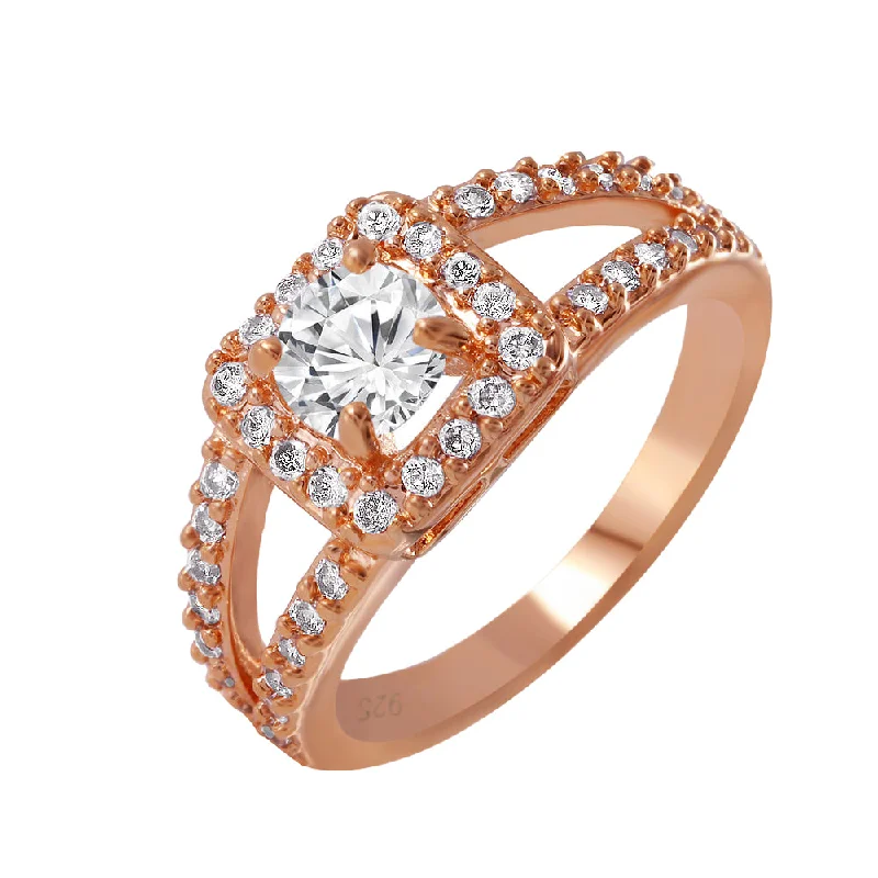 Custom Wedding Bands for Men-Silver 925 Rose Gold Plated Round Clear CZ Ring - BGR00606