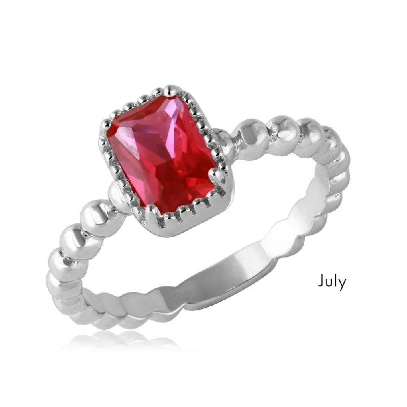 Unique Gold Engagement Rings-July Sterling Silver 925 Rhodium Plated Beaded Shank Square Center Birthstone Ring - BGR01081JUL