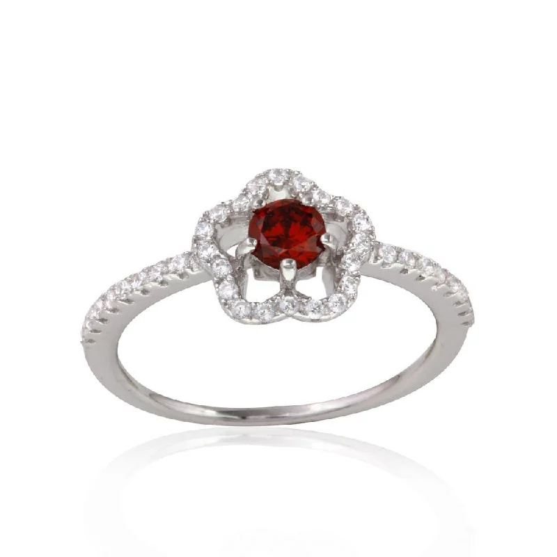 Trendy Wedding Ring Sets-Rhodium Plated 925 Sterling Silver Clover Micropave Ring with Red Center CZ and Clear Round CZ - BGR01120RED