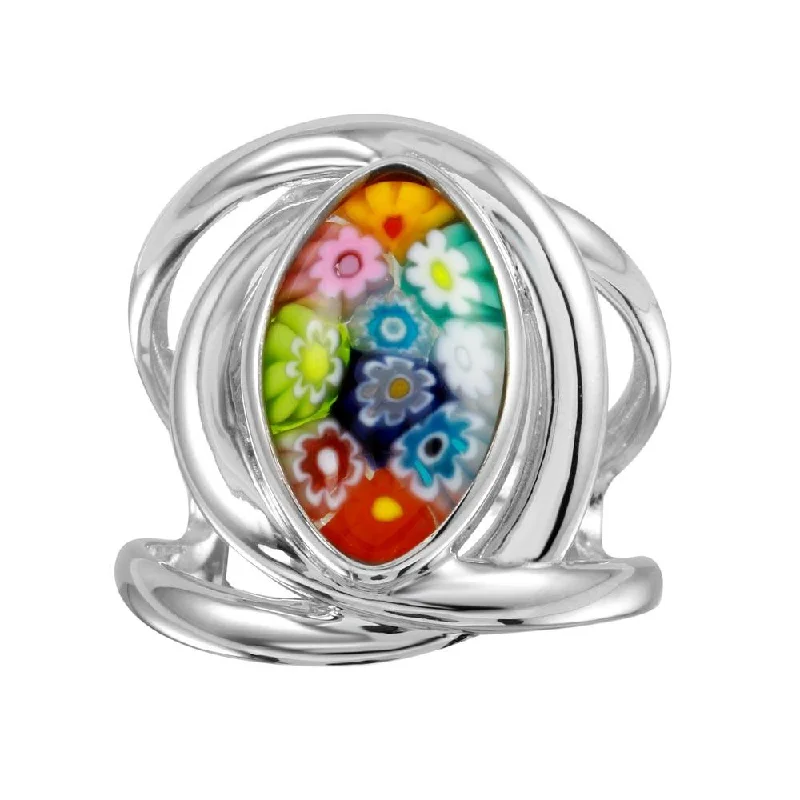 Men’s Wedding Rings-Rhodium Plated 925 Sterling Silver Open Shank Oval Shape Murano Glass Ring - MR00008