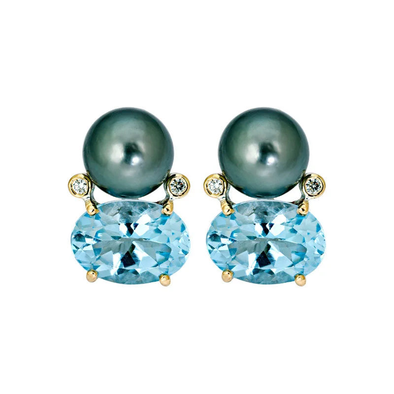 Classic Drop Earrings-Earrings- Blue Topaz, South Sea Pearl and Diamond