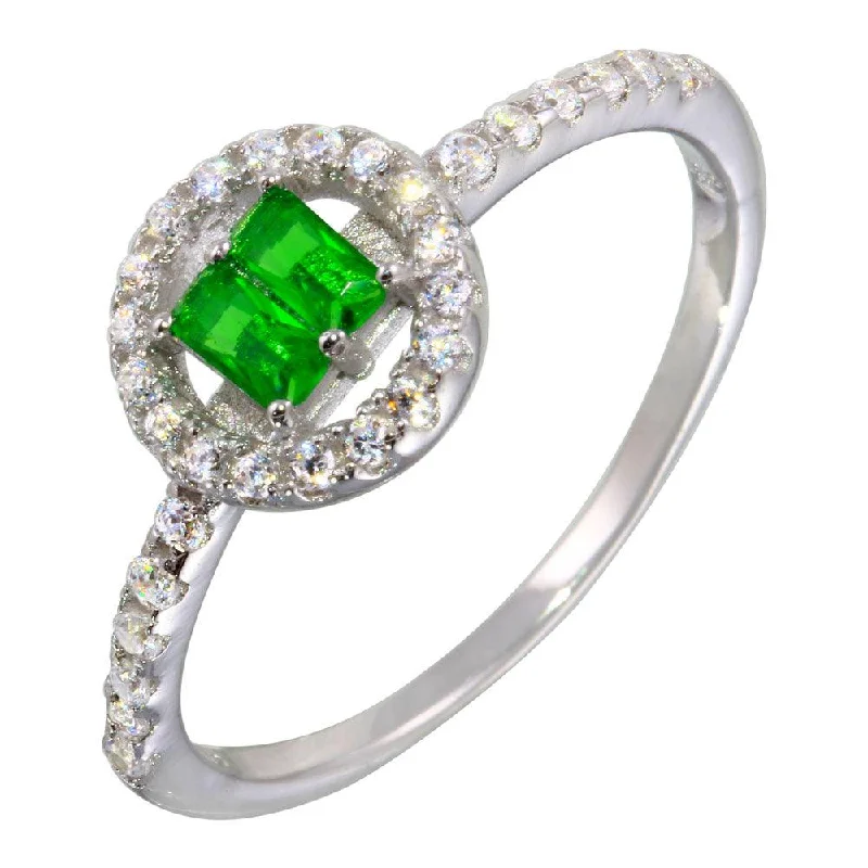 Vintage Gold Wedding Bands-Rhodium Plated 925 Sterling Silver Green Stone Ring with CZ - BGR01140GRN