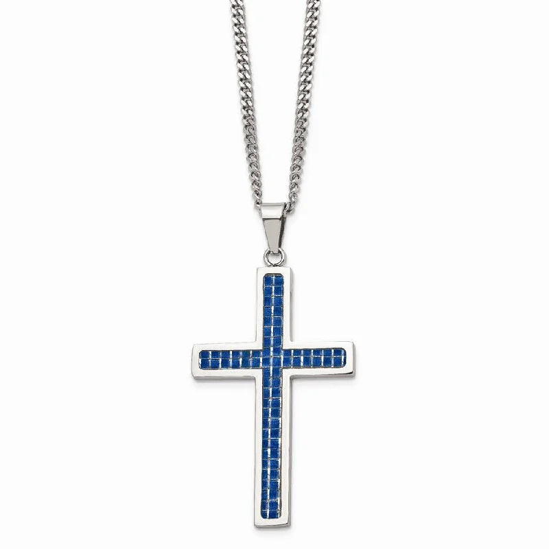 Trendy Chain Necklaces-Stainless Steel Blue Carbon Fiber Inlay Polished Large Cross Necklace