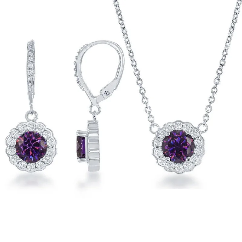 Unique Diamond Necklaces-Sterling Silver February Birthstone With  CZ Border Round Earrings and Necklace Set