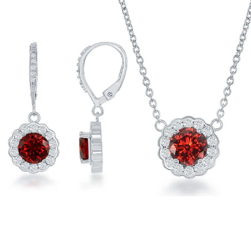 High-End Gold Necklaces-Sterling Silver January Birthstone With  CZ Border Round Earrings and Necklace Set