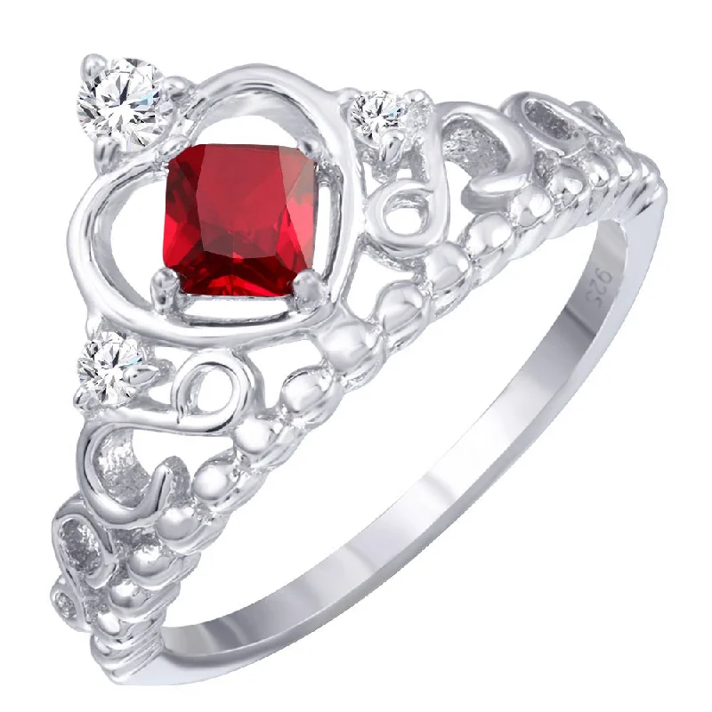 Men’s Gold Rings-Rhodium Plated 925 Sterling Silver Crown Ring with Red and Clear CZ - BGR01168RED