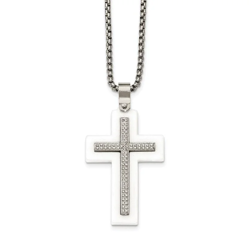 Bridal Necklaces-Stainless Steel Polished White Ceramic Cross CZ 23.75in Necklace