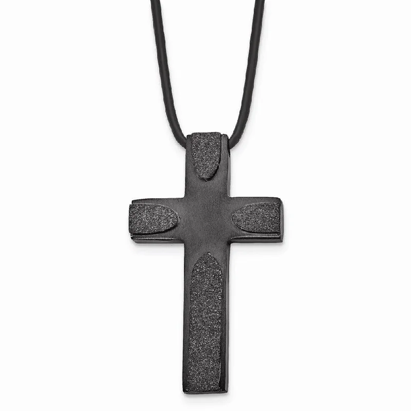 Colorful Necklace Pendants-Stainless Steel Brushed LaserCut Blk IP Cross w/Leather Cord Necklace