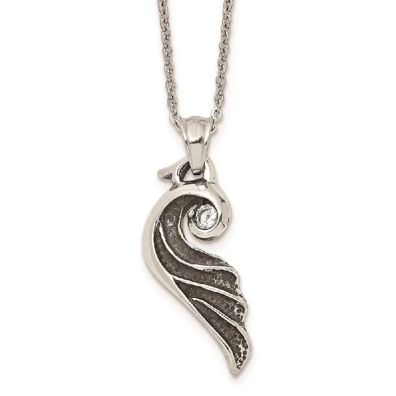 Personalized Gold Necklaces-Stainless Steel Antiqued and Polished with Crystal Wing 18 in. Necklace