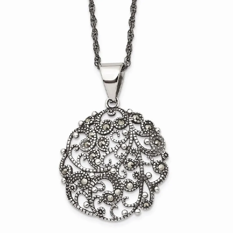 Stylish Adjustable Necklaces-Stainless Steel Marcasite Textured Circle Necklace