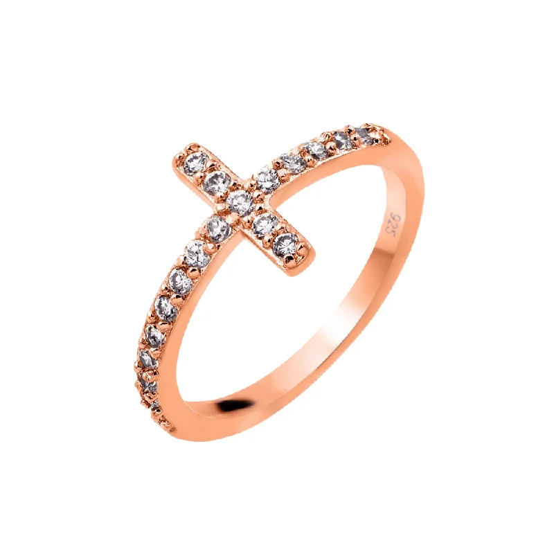 Engagement Rings with Emerald-Silver 925 Rose Gold Plated Clear CZ Cross Ring - BGR00783RGP