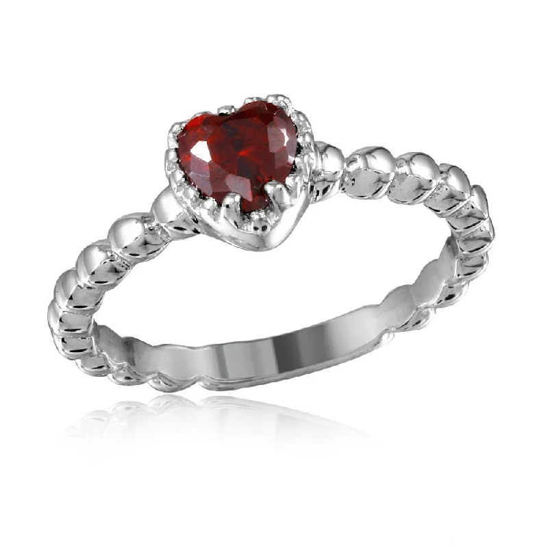 Sapphire Engagement Rings-Silver 925 Rhodium Plated Beaded Band Red Heart Center Stone Ring - BGR01052RED