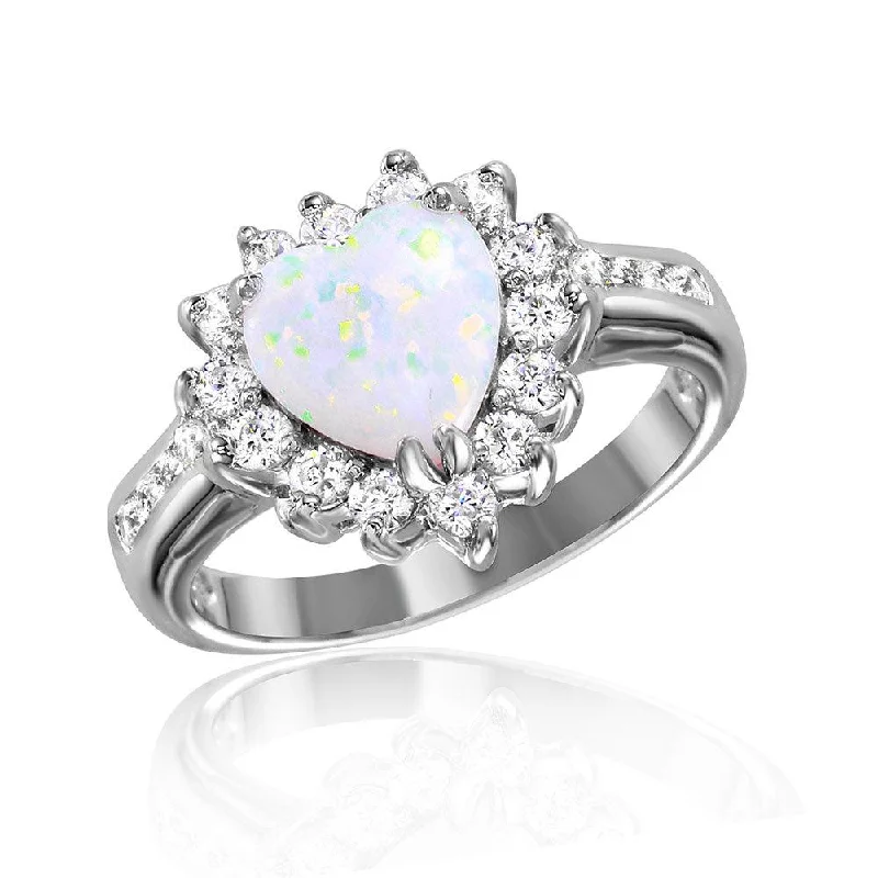 Sterling Silver Rings-Silver 925 Rhodium Plated Halo Heart with Synthetic Opal Center Stone Ring - BGR01026